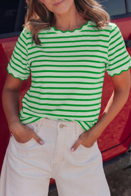 Green Stripe Scalloped Trim Round Neck T Shirt LC25230310-P919