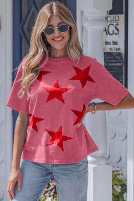 Red Independence Day Star Printed Mineral Wash T Shirt LC25230971-P10320