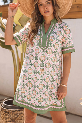 Multicolour Boho Geometric Flower Print Short Sleeve Loose Mini Dress LC6127063-P22