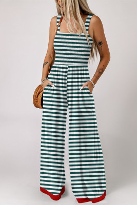 Green Stripe Square Neck Shirred Wide Leg Jumpsuit LC6413707-P919