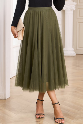 Jungle Green Tulle Mesh Overlay Flared Midi Skirt LC7211245-P609