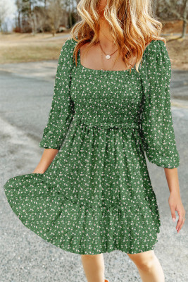 Green Floral 3/4 Sleeve Square Neck Smocked Mini Dress LC6119147-P920
