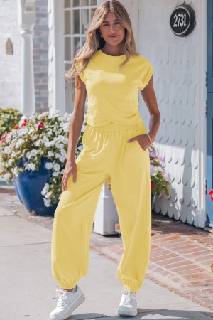 Yellow Cream Solid Color Cropped Tank Top and Jogger Pants Set LC629125-P107