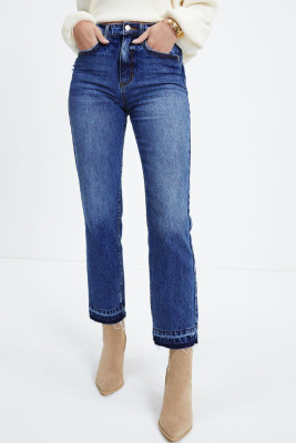 Dark Blue Whiskered Wash Raw Hem Cropped Jeans LC7874260-P5