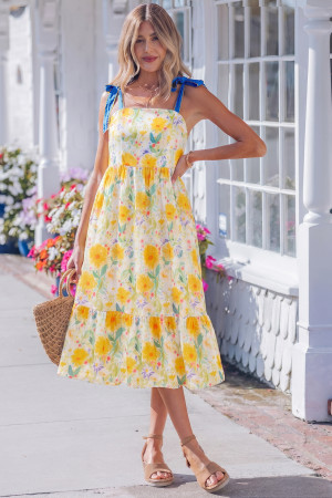 Yellow Floral Print Contrast Stitched Knot Denim Straps High Waist Dress LC6128457-P720