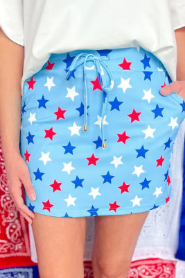 Sky Blue Patriotic Star Printed Beaded Drawstring Mini Skort LC7211598-P420