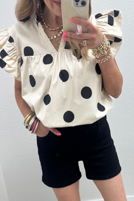 Apricot Casual Polka Dot V-Neck Ruffle Short Sleeve Shift Blouse LC25136808-P1820