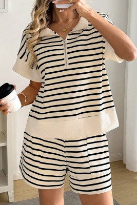 Black Stripe Ribbed Color Block Trim Zip Polo Tee Drawstring Shorts 2pcs Outfit LC629194-P219