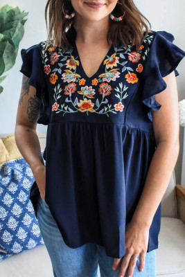 Dirty Blue V Neck Ruffled Sleeve Floral Embroidered Detail Babydoll Blouse LC25136313-P1005