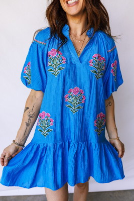 Blue Flower Embroidered Split Neck Short Puff Sleeve Ruffle Hem Dress LC6127425-P305