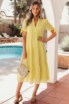 Yellow Gingham Textured Bow Tie Short Sleeve Tiered Midi Dress LC6127868-P7