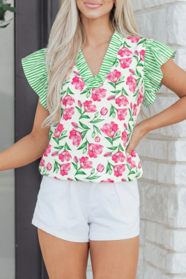 Multicolour Sweet Floral Print Striped Ruffle Trim V Neck Blouse LC25137415-P22