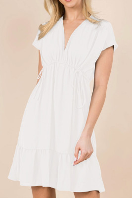 White Double Drawstring Detail High Waist V Neck Short Sleeve Mini Dress LC6118451-P1