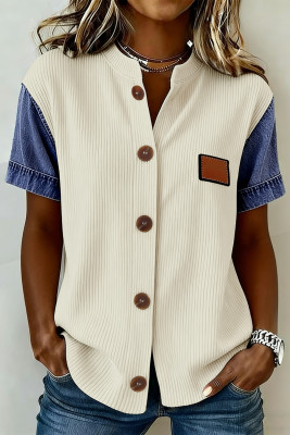 Beige Denim Patchwork Short Sleeve Ribbed Shirt LC2557524-P15