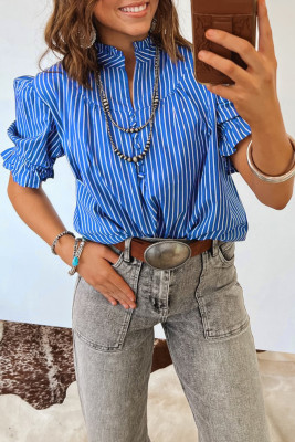 Blue Stripe Ruffled Short Puff Sleeve Button Front Blouse LC25137091-P519