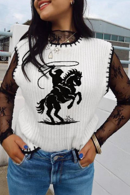 White Contrast Trim Round Neck Rodeo Cowboy Sweater Vest LC2761134-P1