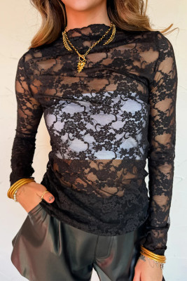 Black Sheer Floral Lace Lettuce Trim Mock Neck Long Sleeve Top LC25136160-P2
