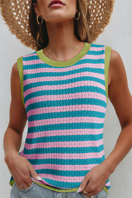 Pink Stripe Pointelle Knit Contrast Trim Sleeveless Sweater Top LC276570-P1019