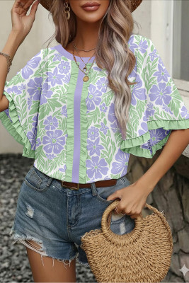 Purple Floral Print Ruffled Color Block Trim Half Sleeve Blouse LC25136145-P820