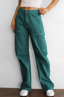 Green High Waist Straight Leg Cargo Pants with Pockets LC7711510-9