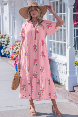 Pink Notched Neck Flutter Short Sleeve Floral Print Maxi Dress LC6127729-P1020