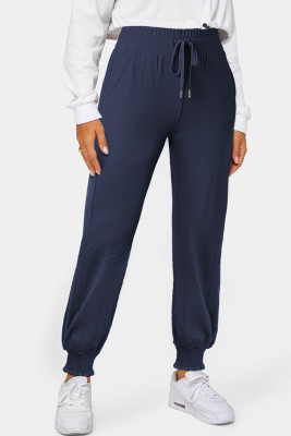 Navy Blue Drawstring Elastic Waist Smocked Jogger Pants LC7713157-P605