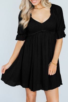 Black Short Sleeve Shirred Waist V-Neck Textured Mini Dress LC6122646-P2