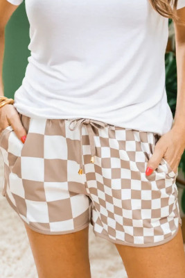 Khaki Double Checkered Print Beaded Drawstring Casual Shorts LC7311418-P1620