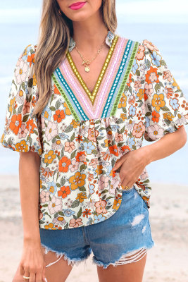 Multicolour Crochet V Neckline Puff Sleeve Boho Flower Blouse LC25136038-P22