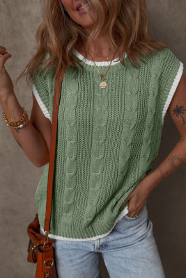 Smoke Green Cable Ribbed Knit Contrast Trim Loose Sweater Vest LC276625-P2809
