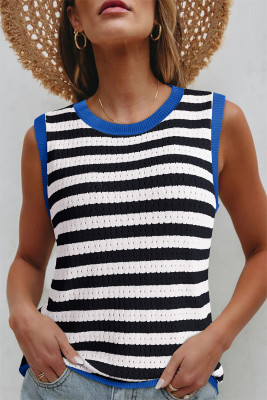 Black Stripe Pointelle Knit Contrast Trim Sleeveless Sweater Top LC276570-P219