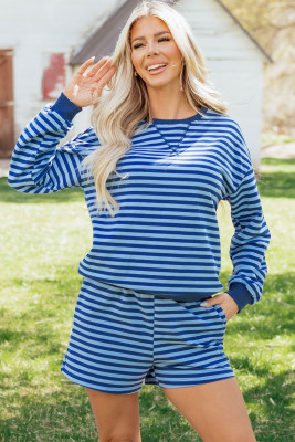 Blue Stripe Drop Shoulder Long Sleeve Pullover Elastic Waist Casual Short Set LC628849-P519