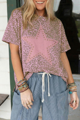 Pink Leopard Retro Studded Star Patch Loose Tee LC25231520-P1020