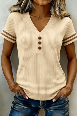 Apricot V Neck Ribbed Knit Striped Trim Short Sleeve Sweater LC2771610-P18