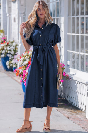 Sail Blue Full Buttons Collared Short Bubble Sleeve Long Denim Dress LC7861243-P905