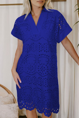 Dark Blue Solid Color Eyelet Embroidered T Shirt Mini Dress LC6127361-P5