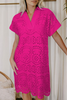 Rose Red Solid Color Eyelet Embroidered T Shirt Mini Dress LC6127361-P6