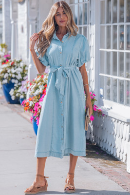 Beau Blue Full Buttons Collared Short Bubble Sleeve Long Denim Dress LC7861243-P804