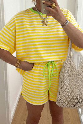 Yellow Stripe Contrast Neck Loose Tee and Drawstring Shorts Set LC628757-P719
