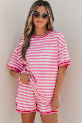 Pink Stripe Contrast Trim Short Sleeve Top Loose Shorts 2pcs Casual Outfit LC629068-P1019