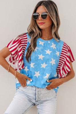 Sky Blue Vintage Star Print Striped Ruffle Sleeve Independence Day Top LC25231055-P420