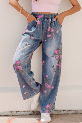 Beau Blue Floral Print Elastic Waist Pull On Casual Jeans LC7876071-P804