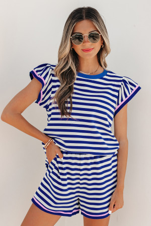 Blue Stripe Contrast Trim Cap Sleeve Top Casual Shorts 2pcs Set LC629069-P519