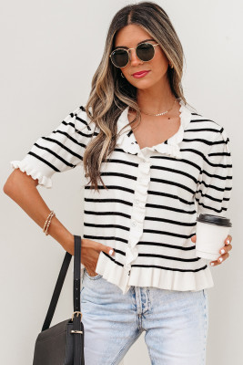Beige Stripe Ruffle Trim Button Down Knit Short Sleeve Sweater Cardigan LC2712882-P1519