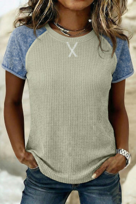 Laurel Green Waffle Knit Seam Detail Color Block Patchwork Short Sleeve Top LC25136438-P1209