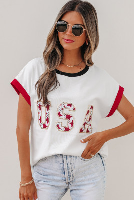 White USA Sequin Color Block Trim Loose T Shirt LC25231057-P1