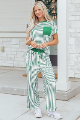 Green Stripe Crew Neck Tee Drawstring Waist Cropped Pants Set LC628508-P919