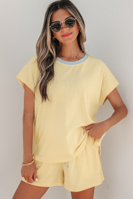 Yellow Cream Soft Ribbed Color Block Trim Casual Short Set LC629288-P107