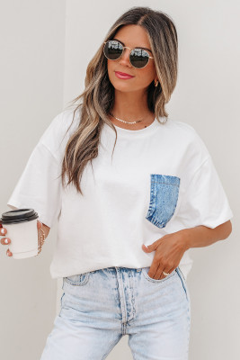 White Color Block Chest Pocket Patched Casual Short Sleeve Top LC25136760-P1