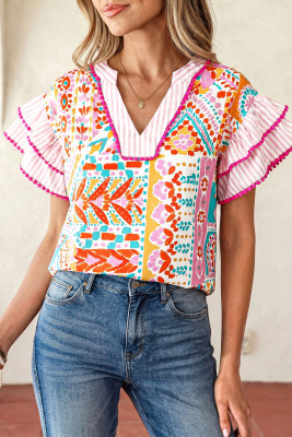 Rose Boho Mixed Print Contrast Trim Striped Patchwork Tiered Short Sleeve Blouse LC25136769-P620